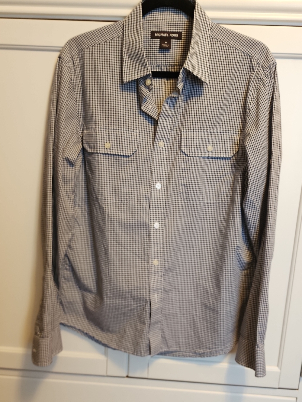 Michael Kors Navy Blue and White Gingham Button-Down Shirt - Picture 2 of 5